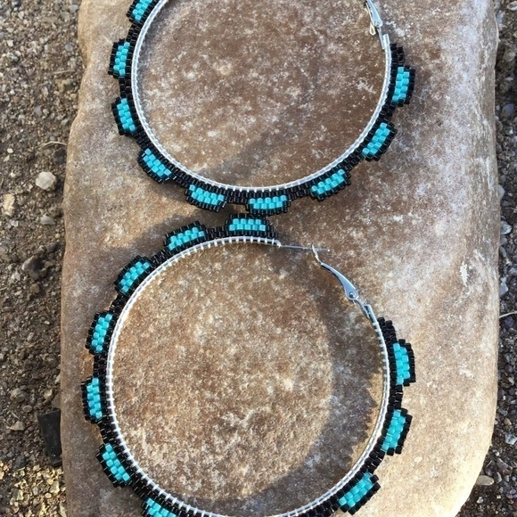 Turquoise Beaded Hoops, New, Handmade by Me - Picture 4 of 14